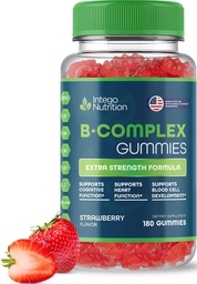 Gommies complexes de vitamine B pour les adultes, Supplément complexe de vitamine B pour les femmes et les hommes, Gommies complexes de vitamine B pour l'énergie et la santé du cerveau, arômes naturels de fraises, 180 Comte