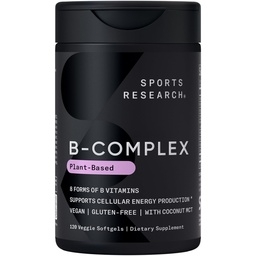 Sports Research® Vitamine B-Complex - Plein spectre de vitamines B avec B12 méthylé et folate - sans gluten · base végétale · non-OGM · formule végan-friendly - 120 softgels Veggie