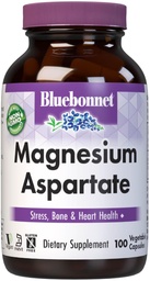Bluebonnet Nutrition Aspartate de magnésium, anti-stress*, santé osseuse*, santé cardiaque*, non OGM, végétalien, kosher certifié, sans gluten, sans soja, sans lait, 100 capsules végétales, 50 portions