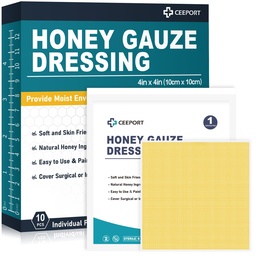 Miel Gauze Wound Dressing, soin du miel de 4" x 4" Manuka, pansements de miel de qualité médicale pour soins du miel, lot de miel pour une guérison plus rapide des brûlures, des abrasions, des coupures et des échasses (paquet de 10)