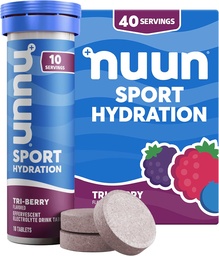 Tablettes électrolytes Nuun Sport avec Magnésium, Calcium, Potassium, Chlorure et Sodium, Sans gluten et Vegan, Tri-Berry, 4 Pack (40 portions Total)