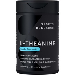 Recherche sportive Supplément L-Theanine double résistance - Suntheanine Softgels pour la focalisation, la relaxation et l'alerte - Support non somnolent avec huile de coco, sans OGM et sans gluten - 200mg, 120 Compte