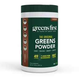 Greens First Original Greens Poudre - 49 Superfoods - Fruits et légumes biologiques - Prébiotiques, probiotiques et enzymes digestives - Smoothie antioxydant - Sans lait, végétalien, non-OGM (chocolat, 30 portions)