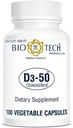 Bio-Tech Pharmacal D3-50 50 000 UI, 100 capsules végétales – Supplément tout naturel – soutient la santé osseuse et immunitaire – Pas de lait, poisson, gluten, arachide, mollusques et soja