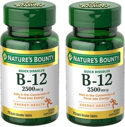 Nature's Bounty Vitamine B12 2500 mcg, Soutien à l'énergie cellulaire, pour le métabolisme de l'énergie, la santé du coeur et du système nerveux, 75 comprimés à dissolution rapide (paquet de 2)