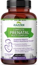 Zazzee Extra Strength Complete Prenatal Multi Complex, 120 Capsules Vegan, 2 mois d'approvisionnement, 23 Vitamines et minéraux essentiels, MK7, 10 milliards de CFU Probiotiques, enzymes prénatales, mélange de plantes biologiques