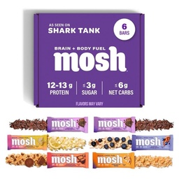 Lot de variétés MOSH Barres de protéines kéto, fibre élevée, faible teneur en glucides, sans gluten, haute teneur en protéines, snack en bonne santé du cerveau avec Ashwagandha, cri de lion, 6 comte