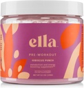 Poudre pré-entraînement nue Ella, Hibiscus Punch Amino Energy avec acides aminés végans BCAA, caféine naturelle, boost pré-entraînement pour les hommes et les femmes, 30 portions
