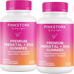 Pink Stork Premium Vitamines Gommy prénatales avec DHA, Folate et vitamine D - 60 Gommies Vegan - 2 Pack