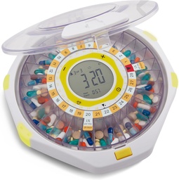 Distributeur automatique de pilules LiveFine Bluetooth, 28 jours de capacité, alertes sonores et lumineuses, serrure à clés, LCD et installation facile sur l'application LiveFine pour les prescriptions, médicaments, vitamines et suppléments - Lis transparent