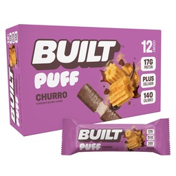 Barre construite, barres protéinées de puff, puff de churro, 17g de collations protéinées, barres en marche, seulement 140 calories et 6g de sucre, collagène, sans gluten, 12 nombre