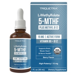 L Méthyl Folate 15mg Plus Méthyl B12 Cofacteur – Arôme de baie biologique, forme 5-MTHF active sublinguale de haute puissance liquide - Supporte l'humeur, la méthylation, la cognition – Formes bioactives Vitamine B9 & B12 (1oz)