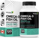 Renouveler les actifs Oméga-3 Huile de poisson 2400MG par 2 Softgels - 720MG EPA & DHA - Soutient la réduction du cœur, du cerveau, de la santé des yeux et des triglycérides - Aucun arrière-goût de poisson - Fabriqué au Canada - 120 Softgels