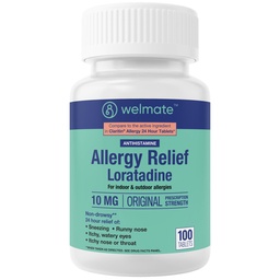 WELMATE - Allergie - Loratadine 10 mg - 24 heures de soulagement Antihistamine - Non somnolence - Nez de runny - Éternuement - Démangeaison Nez et gorge - Yeux aqueux - Allergie intérieure et extérieure Médicaments - 100 Compte