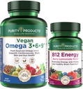 Ensemble de produits de pureté - Omega végétalien 3-6-9 (180 ct) + B-12 Melt énergétique Omega 3-6-9 (=5 en 1) Omega à base végétale 3 6 9 Acides gras essentiels) - B12 Berry Melt (méthylcobalamine B12 + B6 + D3 + Plus)