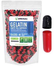 XPRS Nutra Taille 4 Capsules vides - 1000 Compter les petites capsules de gélatine vides - Pills Bricolage Capsule Remplissage - Remplir pur bouchons de gel de pilules pour Do-It-Youlf Suppléments (Noir/Rouge)