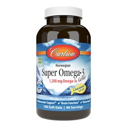 Carlson - Super Omega-3 Gems, 1200 mg Omega-3s, support cardiovasculaire, fonction cérébrale et santé de la vision, norvégien, 180 gels mous