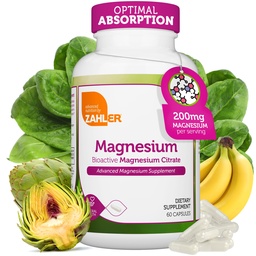Zahler - Capsules de supplément de magnésium 200 mg (60 comte) Citrate de magnésium bioactif certifié Kosher pour l'absorption maximale - Minéral de magnésium naturel pour les hommes et les femmes - Meilleurs suppléments de magnésium