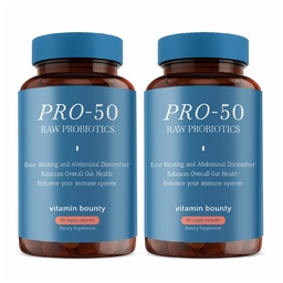 Vitamine Bounty Pro-50 Probiotique 50 milliards CFU - 13 suppléments de souche pour les hommes et les femmes + prébiotiques - Digestive Health & Gut Support - Lactobacillus & Bifidobacterium - Capsules à libération différée, 2 paquets