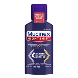 Mucinex Nightshift Sinus, médecine de la toux froide et de la grippe pour adultes, puissant sinus de nuit pour le soulagement du sinus, le soulagement de la gorge douloureuse, la toux suppresseur et nasale pour adultes, 6 Fl Oz