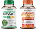 Enzymes digestifs Bien-être total 1000MG Plus Prébiotiques et probiotiques + Capsules de vitamine C liposomique (200 pilules 1500mg buffered)