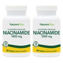 Natures Plus Niacinamide 1000 mg - 90 Comprimés à libération prolongée, lot de 2 - Soutient la santé immunitaire et cutanée, la production d'énergie et la fonction cérébrale - Végétarien, sans gluten - 180 portions totales