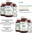 Natural Nutra Potassium Gluconate 99 mg et Zinc Gluconate 50 mg Suppléments contribue à maintenir l'immunité et le niveau d'énergie, sans gluten, essentiel pour une bonne santé.