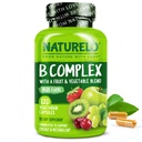 NATURELO Complexe Vitamine B,120 Capsules, Vegan, CoQ10, Folate de méthyle, Biotine, Mélange de fruits et de légumes, soutient l'énergie et la réponse au stress sain, Vitamines complexes Super B pour les femmes et les hommes