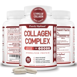 Purely Optimal Premium Capsules de Peptides Multi Collagènes (Types I, II, III, V, X) - Cheveux, peau et ongles, supplément de santé digestif et articulaire, pilules de Collagène hydrolysée (90 capsules)