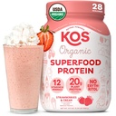 KOS Poudre de protéines végétales, fraises et crèmes USDA Organic - Mélange de protéines de pois à faible teneur en glucides, superaliments à base de plantes avec des vitamines et minéraux, sans gluten - Remplacement des repas pour les femmes et les hommes - 28 portions
