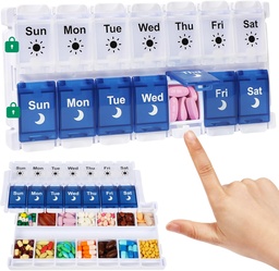 Shintop Weekly Pill Organizer 2 fois par jour, remplissage facile Am Pm Pill Box 7 Day Push Button Medicine Holder Daily for Vitamines Supplements (Blue & White)