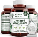 Oxyde de magnésium chélaté naturel Nutra 250 mg - Absorption élevée pour les os forts, la santé cardiaque, la stimulation énergétique, sans gluten, sans OGM, 90 comprimés (3 pack) dans des bouteilles de verre recyclables sans BPA