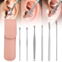 Nettoyeur d'oreilles, 2024 Nouveau kit de nettoyage d'oreilles portatifs à 360° en acier satiné avec étui en cuir PU, kit de nettoyage d'oreilles, kit de nettoyage d'oreilles portable pour hommes et femmes (type E*1)