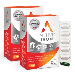 Supplément en fer actif 25mg – Prouvé cliniquement pour augmenter les niveaux de fer et d'énergie – doux, non constipant, fortement absorbé – 120 capsules