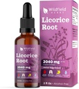 Extrait de racine de réglisse gouttes 2000mg (Glycyrrhiza glabra L.) Supplément à base de plantes Absorbe mieux que les capsules, 1 mois d'approvisionnement, 84 portions, teinture sans alcool - 2 Oz, boîte de 1