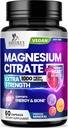 Supplément de Citrate de magnésium 1000mg - Suppléments de magnésium 3X pour os, muscles, coeur, soutien du sommeil de la nature pour les hommes et les femmes, Vegan Mag Mineral, non-OGM, mis en bouteille aux États-Unis, 60 Capsules