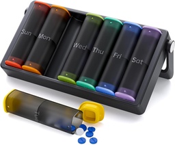 Organisateur hebdomadaire de pilules 2 fois par jour, KOVIUU Grande Pill Box 7 Jour, Am Pm deux fois par jour cas de pilule avec poignée rotative, contenant de support de pilule pour la vitamine, médecine, supplément, Translucide-Noir