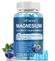 Gommies de magnésium 600mg par portion-glycinat de magnésium 400mg et malate de magnésium 200mg, supplément de magnésium sans sucre pour l'humeur calme, les muscles, les os et le sommeil,60 Gommies de bleuets