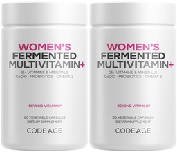 Codeage Femmes Multivitamines quotidiennes, 25+ Vitamines et minéraux, Fermentés, Aliments organiques entiers, Supplément probiotiques - Vitamine A, B, C, D, E & K, Omega 3, Zinc – Vegan - 2 Pack