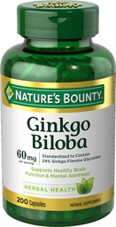 Nature's Bounty Ginkgo Biloba, soutient la fonction cérébrale saine, supplément à base de plantes, 60 Mg, 200 Capsules