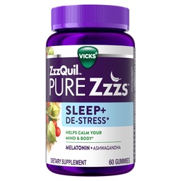 ZzzQuil PURE Zzzs De-Stress 2mg Mélatonine Gommies, , Aide au sommeil pour les adultes, Ashwagandha pour le soutien du stress, 60 Gommies