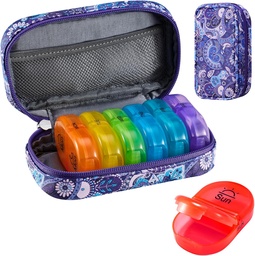 Serfeymi Weekly Pill Organizer 2 fois par jour AM PM Upgraded Rainbow Pill Box 7 Day with Portable Zipper Pill Case en cuir PU, Organisateur de médecine pour les pilules, les vitamines, les huiles de poisson - Purple-01