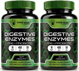 Enzymes digestives avec probiotiques et prébiotiques, 450mg, 5 milliards d'UCF - Capsules de Super Digestion Pure - Enzymes digestives pour les femmes et les hommes supportent la digestion et la santé gustative - 120 Nombre (paquet de 2)