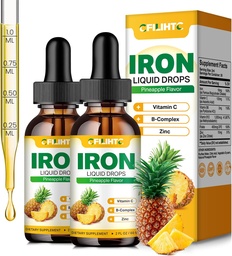 Supplément en fer liquide pour femmes hommes et enfants Multivitamine gouttes de fer avec folate, vitamine C, B6, B12, zinc pour l'anémie, carence en fer, fabricant de sang, énergie - naturel ananas Saveur, végétalien 4 Fl Oz