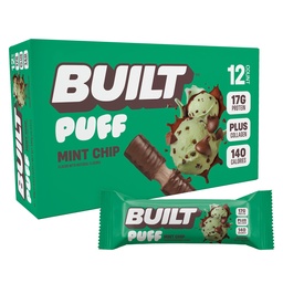 Barre construite, barres protéinées de puff, puff à la menthe, 17g de collations protéinées, barres en marche, seulement 140 calories, 6g de sucre, collagène, sans gluten, 12 nombre